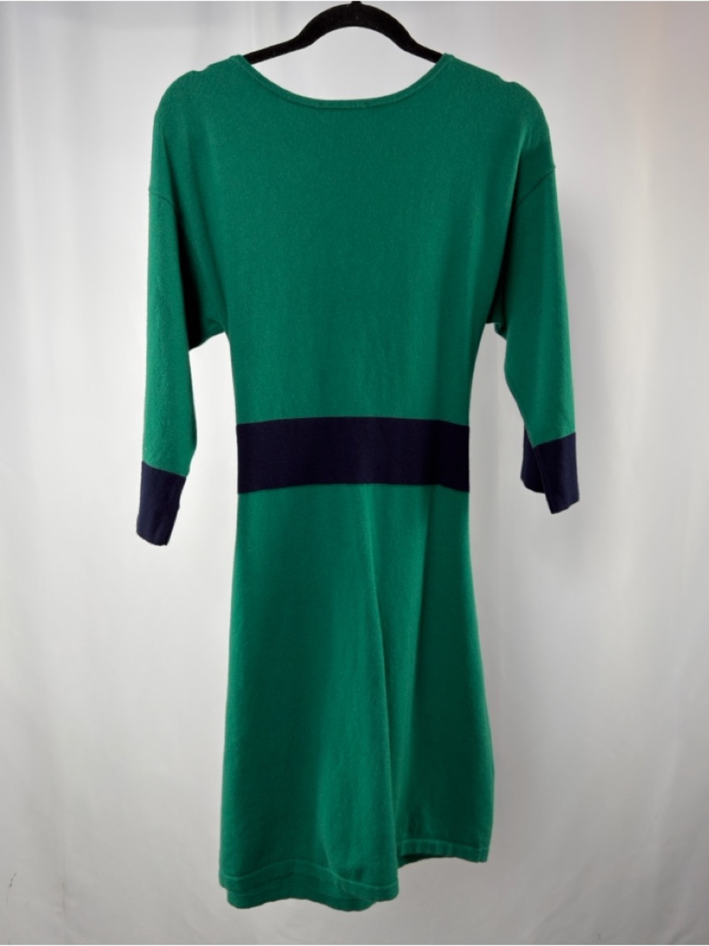 Boden Esmerelda Knitted Wool Cotton Blend 3/4 Sleeve Belted Dress in Green Navy - Picture 6 of 8